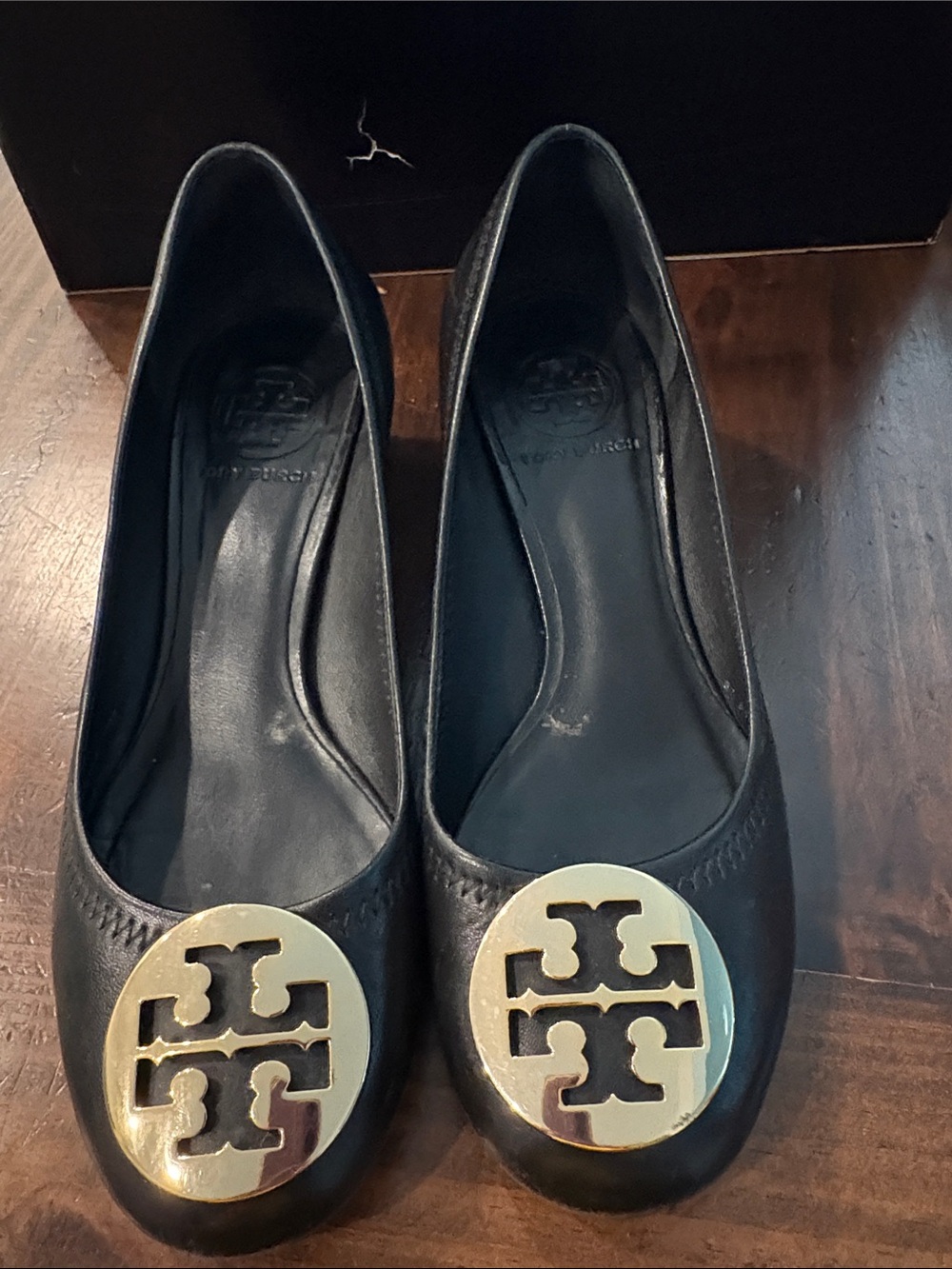 Tory Burch Black Leather Flats with Gold Logo Disc